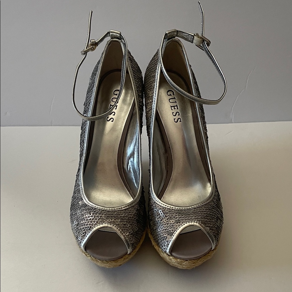 GUESS Idabel Silver Sequin Peep Toe Heels